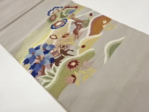 綴れ木々に馬・鹿模様織出し名古屋帯